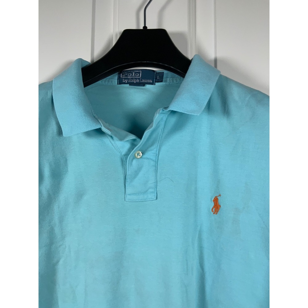 Polo Ralph Lauren Mens Large Light Blue Short Sleeve Pique Polo Orange Pony Logo